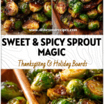 Close‑up of honey sriracha glazed roasted brussels sprouts sprinkled with sesame seeds on a serving platter.